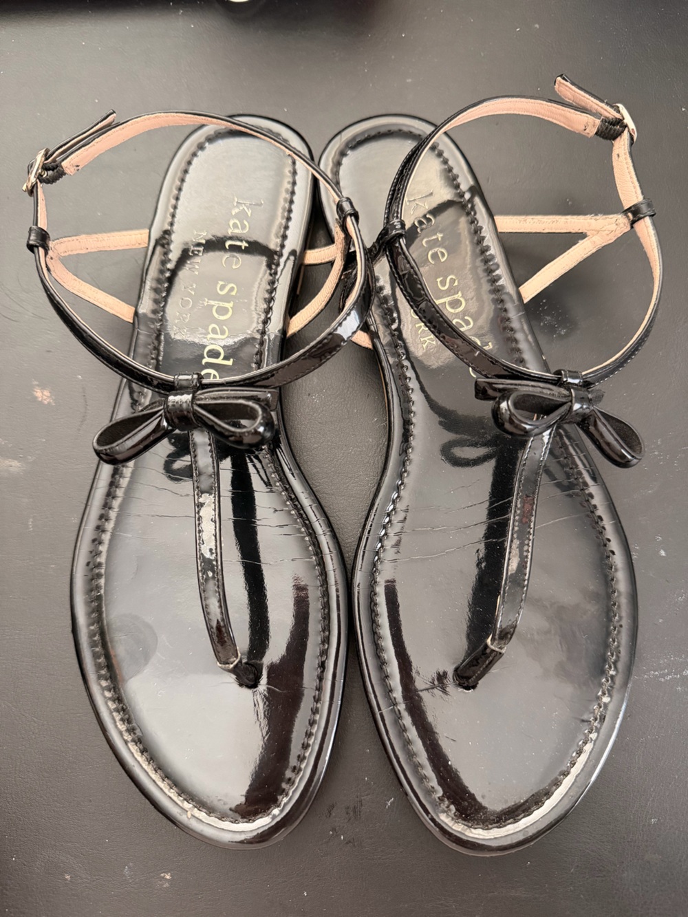 kate spade Black Patent Bow Thong Sandals with Ankle Strap